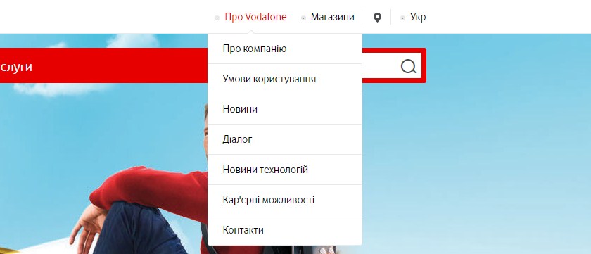 Меню официального сайта vodafone Украина